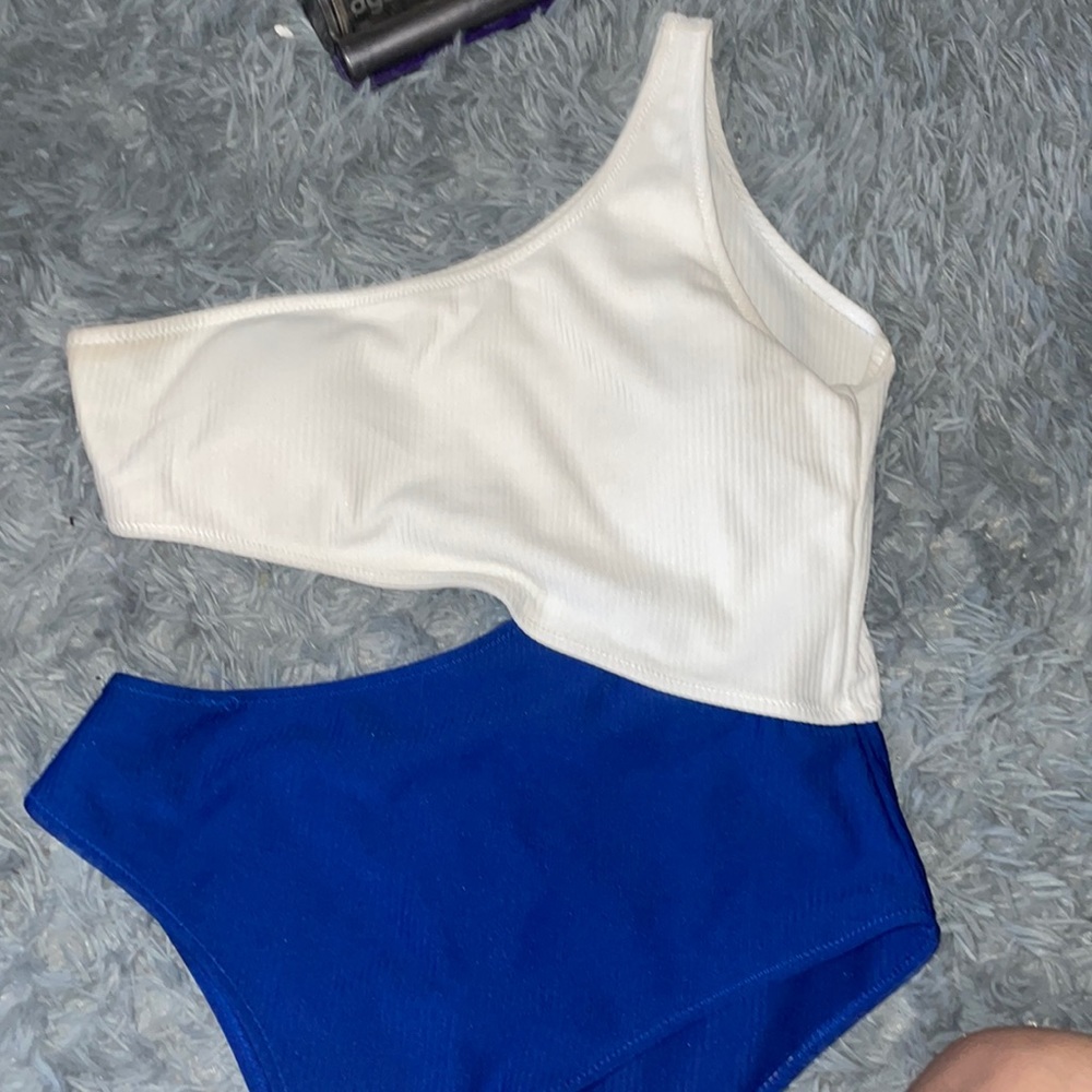 One piece bathing suit blue and white